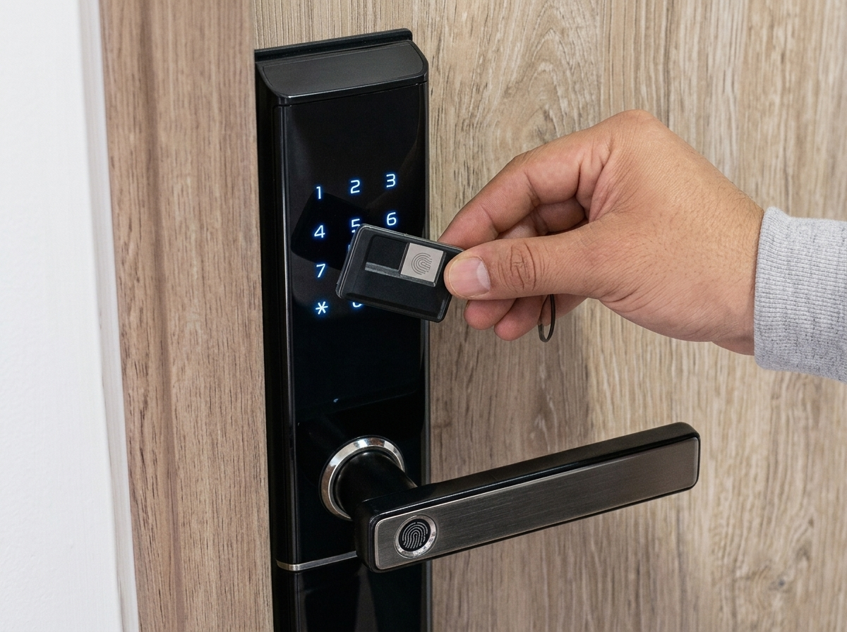 Chapa digital inteligente instalada en la puerta de un hogar, con acceso por tarjeta y huella.